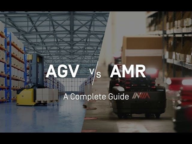 Varaston AGV- ja AMR-robotit rinnakkain esittelevässä kuvassa